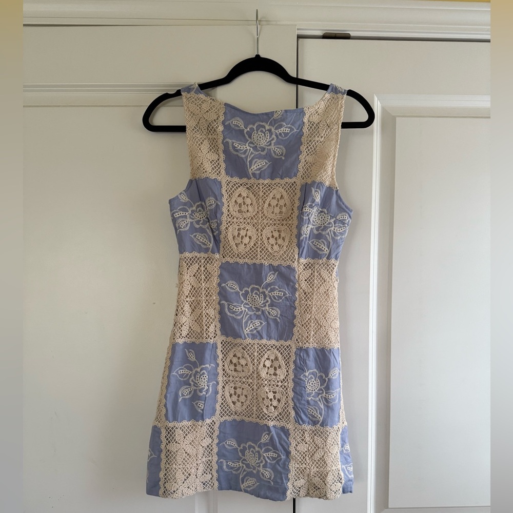 Elegant Lace Patchwork Mini Dress - Blue and Cream